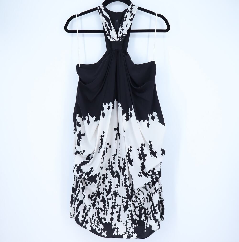 Twinkle by Wenlan Silk Halter Mini Dress Black and White Pixel Print Women's 0